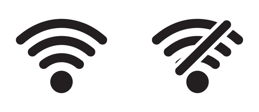 Wi-Fi and no Wi-Fi icons, signal one connected, one crossed out, offline mode, wireless internet, network devices, tech interface