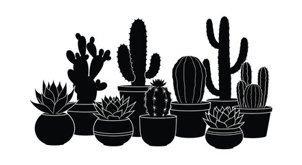 A collection of various potted cacti and succulents rendered in a striking black silhouette high quality professional detailed modern elegant stylish © GDMala02
