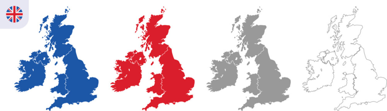 United Kingdom Map Vector Illustration with Blue Red and Gray Color Variations, UK Country Map Outline Isolated on Transparent Background, Editable AI EPS10 JPG PNG Geography Design.