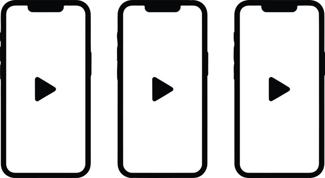 Three smartphones displaying a play button on their screens in a row Vector