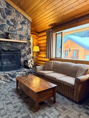 Naklejka premium Fireplace, couch and wooden table in room. Interior design