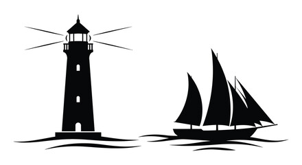 A striking black silhouette depicts a coastal scene with a tall lighthouse and a sailing ship on the water silhouette © GDMala02