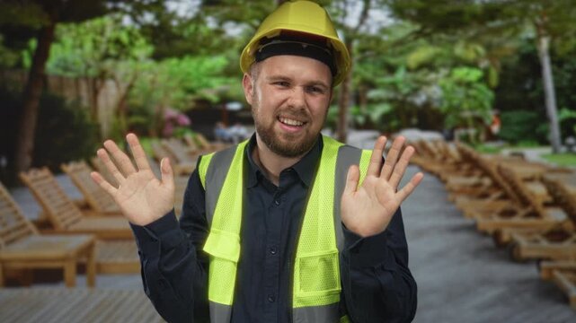 Man builder in yellow hardhat and high visibility vest stands with hands raised palms out showing open palms and an uneasy grin in building; surprise caution.