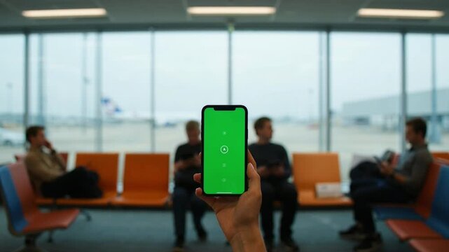 Hand Holding iPhone with Green Screen in Airport Departure Lounge 4k Full HD Video