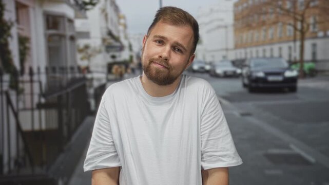 Man shrugging shoulders on street wearing white t shirt by parked cars and townhouses; uncertainty everyday life.