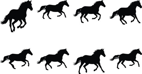 Fototapeta premium High-contrast black horse silhouettes showcasing a full range of running actions, symbolizing freedom, speed, and the majestic presence of these animals in a versatile vector format.