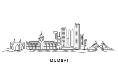 Naklejka premium A minimalist black and white vector illustration depicting a continuous cityscape featuring iconic landmarks of Mumbai, India. Flat vector illustration isolated on a white background.