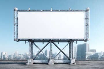 Obraz premium Blank outdoor banner mounted on a metal truss framework in daylight