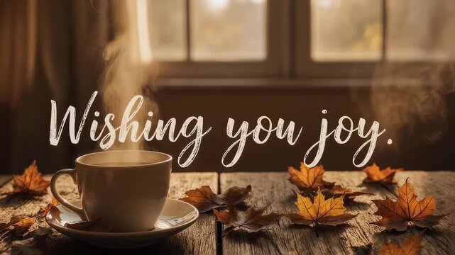 A steaming coffee cup with "Wishing you joy" in script, leaves scattered on a rustic wooden table