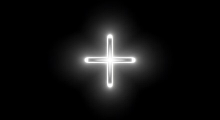 Obraz premium Glowing cross symbol on black background creates ethereal light effect with minimalist design and spiritual atmosphere representing hope and peace through radiance