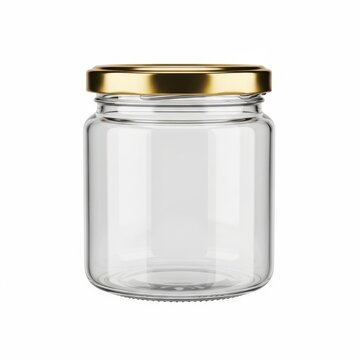 A small empty glass jar with a gold lid on a white background