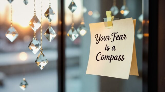 Motivational quote 'Your Fear is a Compass' on paper note. Inspiration for personal growth, courage and overcoming challenges. Guidance and direction concept with sunset light