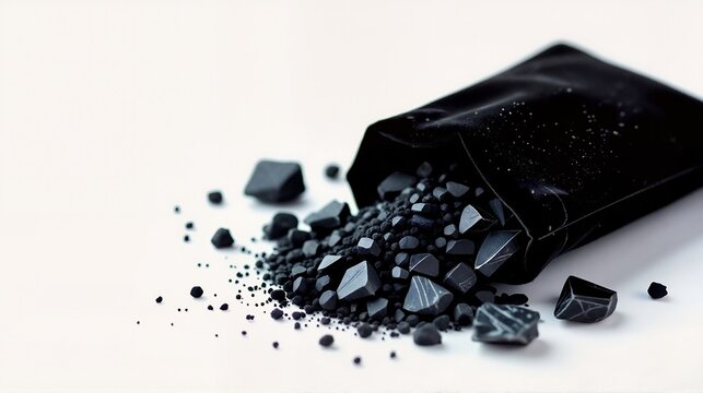 Black mineral powder and stones spilling from pouch on white background. Raw charcoal or shungite for cosmetic and industrial use. Isolated with copy space
