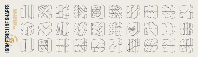 Obraz premium Isometric line brutal 3D shapes, Brutalism volumetric carcass various form, trendy cyber design symbols in futuristic aesthetics, vector set 7, Postmodern abstract geometric graphic frame elements, 