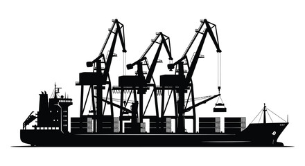 A stark black silhouette depicts a cargo ship docked amongst industrial cranes at a busy port silhouette high quality professional detailed