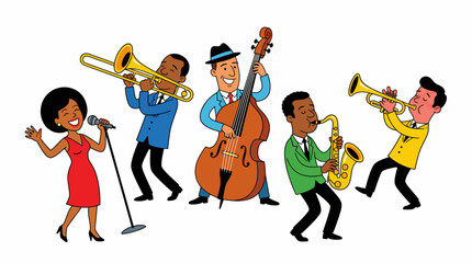 Vibrant cartoon illustration of musicians performing on stage with singer and various instruments in dynamic poses