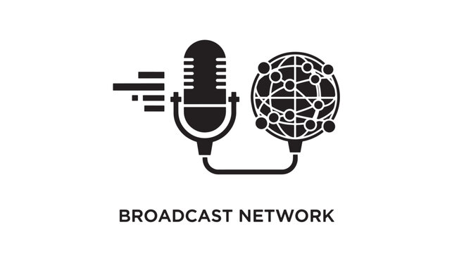 A black and white logo featuring a microphone connected to a globe, representing a broadcast network, on a clean white background with a professional aesthetic.