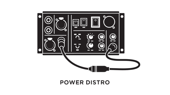 A detailed black vector illustration of a power distribution unit with a connected cable, showcasing industrial technology and electronic equipment on a clean white background.