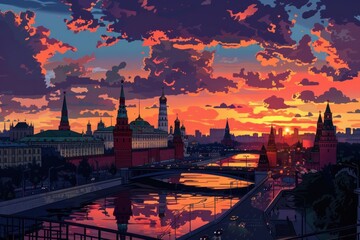 Naklejka premium Postcard with landscape of Moscow, Russia at sunset