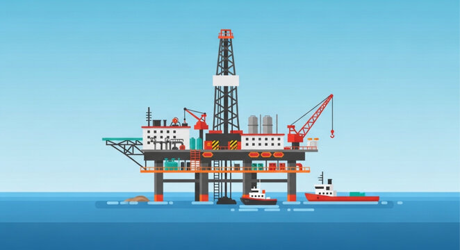 Offshore oil rig platform in the ocean with support vessels.