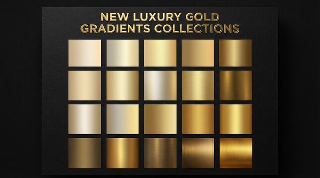 Grid of 25 luxury gold gradient swatches, metallic sheen, brushed and reflective finishes, elegant design palette for premium visual aesthetics.