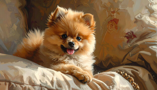 An adorable, fluffy brown Pomeranian puppy sits on a white floor in a cute portrait of a small, purebred pedigreed canine pet isolated against a domestic background