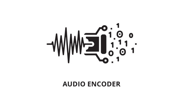 A vector graphic illustration of an audio encoder icon, featuring a sound wave and binary code on a clean white background, representing music technology and digital sound processing.
