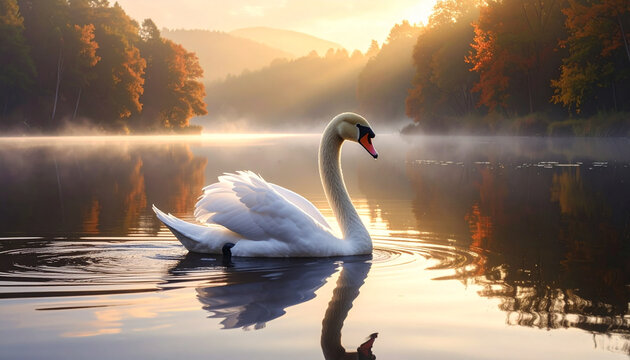 A graceful white swan with an elegant neck and vibrant beak swims on the beautiful blue water of a lake at sunset, creating a peaceful wildlife reflection amidst the natural beauty of the pond