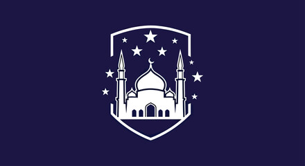 Islamic Mosque Emblem with Stars and Crescent Moon, White Silhouette on Navy Blue