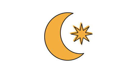 Orange Crescent Moon and Star Icon on White Background