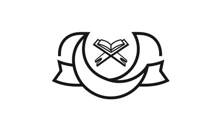 Islamic Crescent Moon Symbol with Open Book and Ribbons - Vector Icon