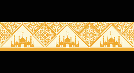 Islamic Cultural Border with Mosques and Geometric Patterns in Yellow and White