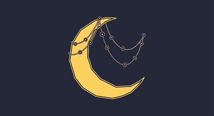 Crescent Moon with Star Garland on Dark Night Sky Background