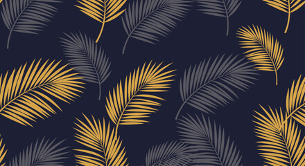 Tropical Palm Leaves Seamless Pattern - Yellow and Gray on Navy Blue