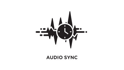 Obraz premium A black vector icon featuring a clock surrounded by a sound wave, representing audio sync, on a clean white background, ideal for music, timing, and synchronization concepts.