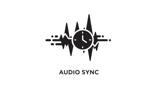 A black vector icon featuring a clock surrounded by a sound wave, representing audio sync, on a clean white background, ideal for music, timing, and synchronization concepts.