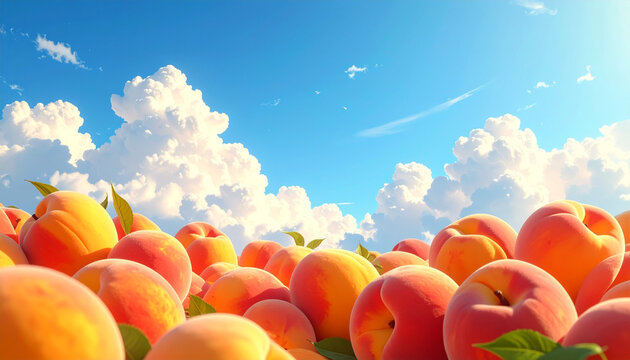 Fresh ripe apricots and juicy oranges hang against a clear blue sky, creating a delicious and healthy natural dessert background full of organic freshness