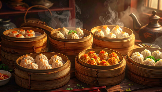 A delicious buffet of traditional Thai dessert and food alongside Chinese food in a bowl features fresh fruit, healthy salad, and tasty meat for a sweet and savory Asian meal at a market restaurant