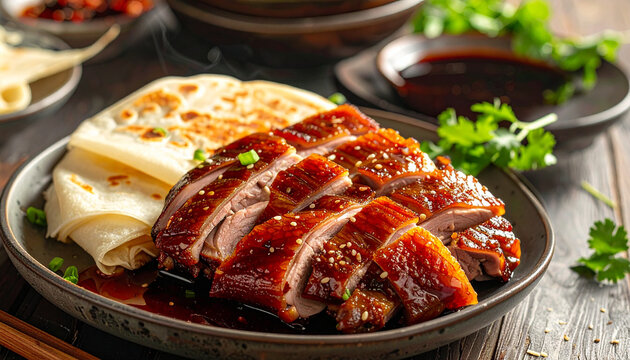 Gourmet plate of delicious grilled pork ribs and lamb chops served with roasted vegetables for a high-end restaurant dinner meal