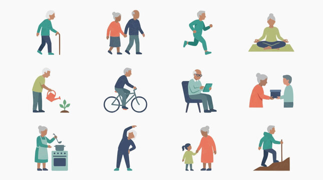 Active senior icon set depicting various lifestyle activities such as fitness, gardening, and technology use in a modern, flat design style