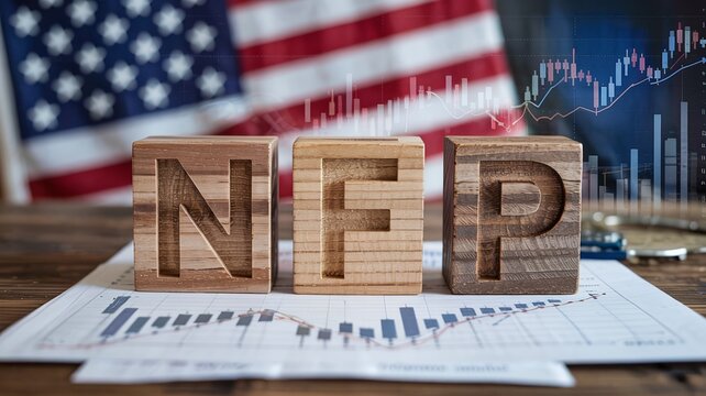 NFP Non Farm Payrolls Text on Vintage Wood Blocks with Financial Candlestick Chart and American Flag for Stock Market Trading Analysis