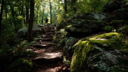 Sunlit moss-covered rock steps on a forest hiking route with distant hiker