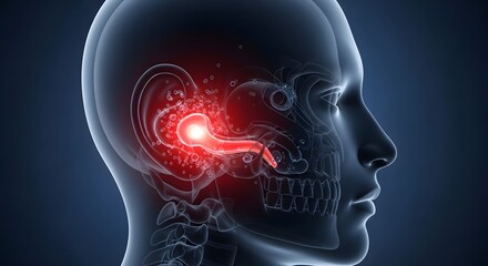 Obraz premium Human Head 3D Illustration: Inner Ear Pain, Otitis, or Infection Highlighted