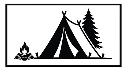 Black silhouette of a teepee campfire and pine tree against a white background © Ziaul_Studio