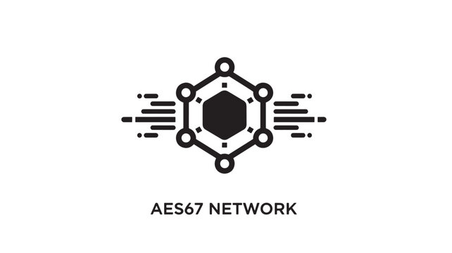 A modern black vector graphic depicting the AES67 network logo, featuring a stylized hexagon with connected nodes on a white background, representing advanced technology and connectivity.