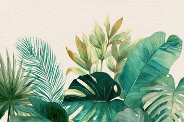 Fototapeta premium Watercolor tropical foliage study with banana leaves, monstera, and palm fronds for botanical wall art