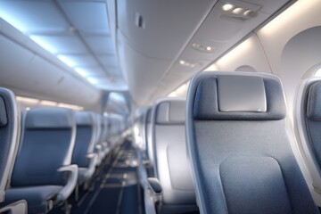 Fototapeta premium Modern aircraft cabin scene: close-up of seat rows, gray-blue upholstery and overhead bins