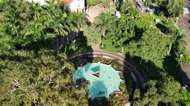 Cassilandia, Mato Grosso do Sul, Brazil - 04 05 2024: Drone passing Sao Jose church tower