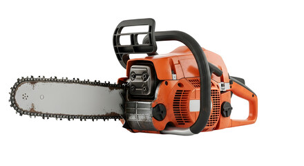Orange chainsaw with black handle on transparent background isolated