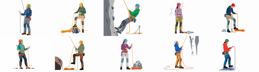 Illustrations of diverse climbers and mountaineers demonstrating various rock climbing and rappelling techniques with essential safety gear and ropes. © Loro